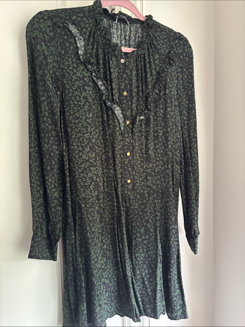 Zara Dark Green Printed Ruffle-Trim Button Front Tunic